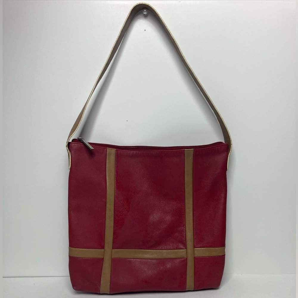Andrew Marc, unique, true red with brown leather accents, shoulder purse